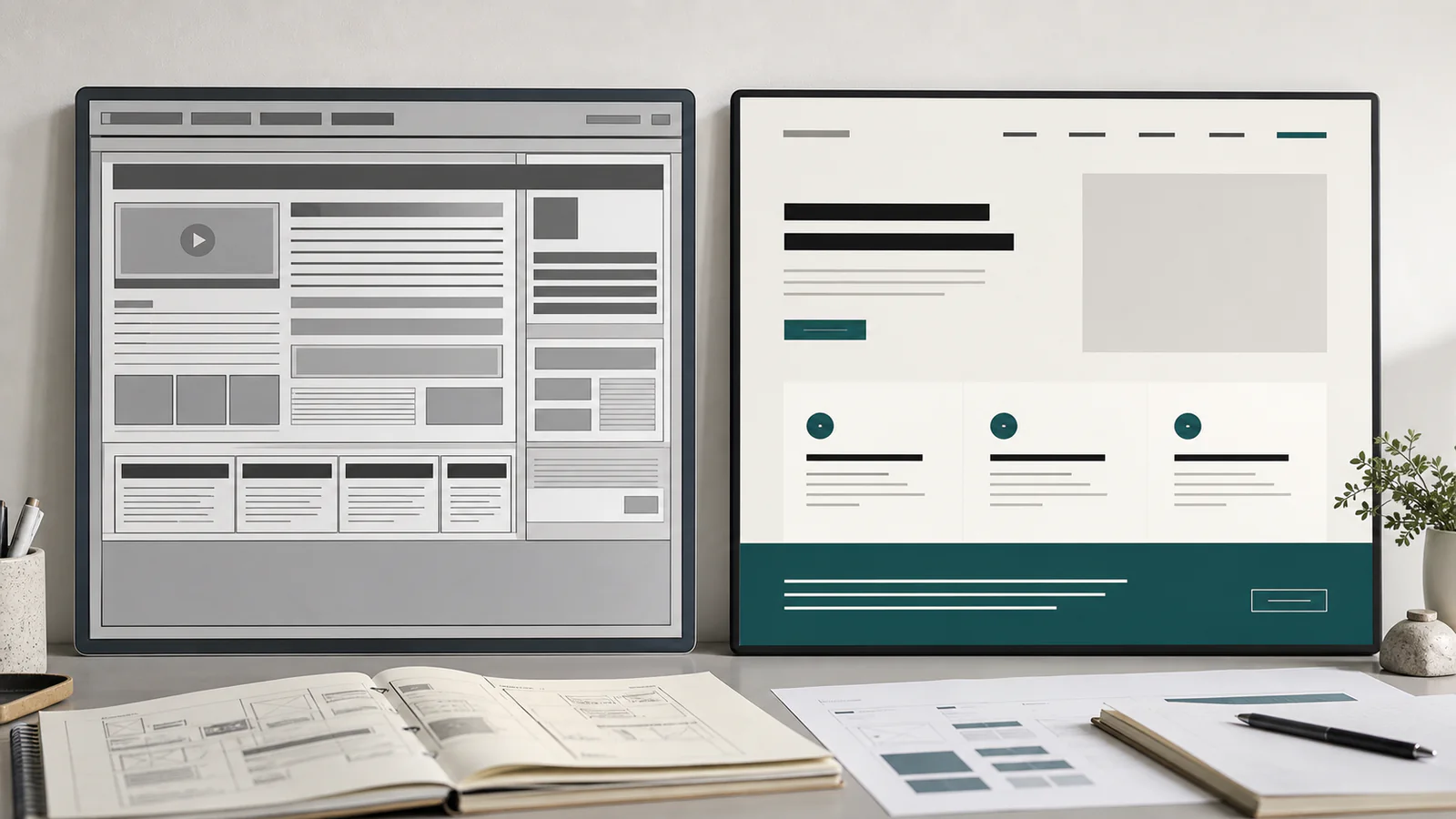 Deux interfaces web côte à côte montrant une version ancienne dense et une refonte moderne épurée.
